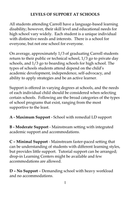 1 LEVELS of SUPPORT at SCHOOLS All Students Attending Carroll Have a Language-Based Learning Disability; However, Their Skill Le