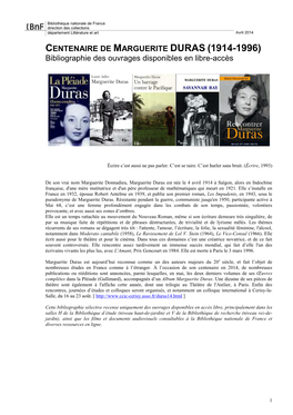 MARGUERITE DURAS (1914-1996) Bibliographie Des Ouvrages Disponibles En Libre-Accès