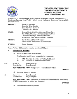 The Corporation of the Township of Beckwith Council Meeting Minutes Meeting #07-11