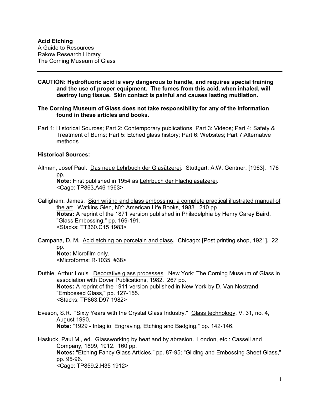 Acid Etching a Guide to Resources Rakow Research Library the Corning Museum of Glass