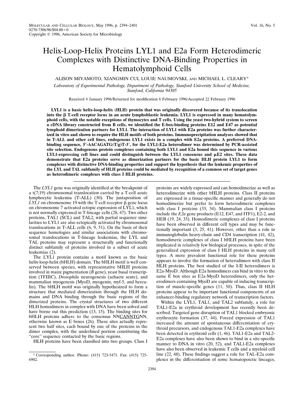 Helix-Loop-Helix Proteins LYL1 and E2a Form Heterodimeric Complexes with Distinctive DNA-Binding Properties in Hematolymphoid Cells