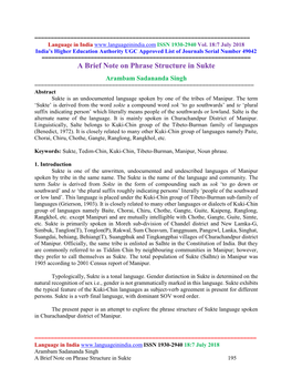 A Brief Note on Phrase Structure in Sukte Arambam Sadananda Singh ======Abstract Sukte Is an Undocumented Language Spoken by One of the Tribes of Manipur