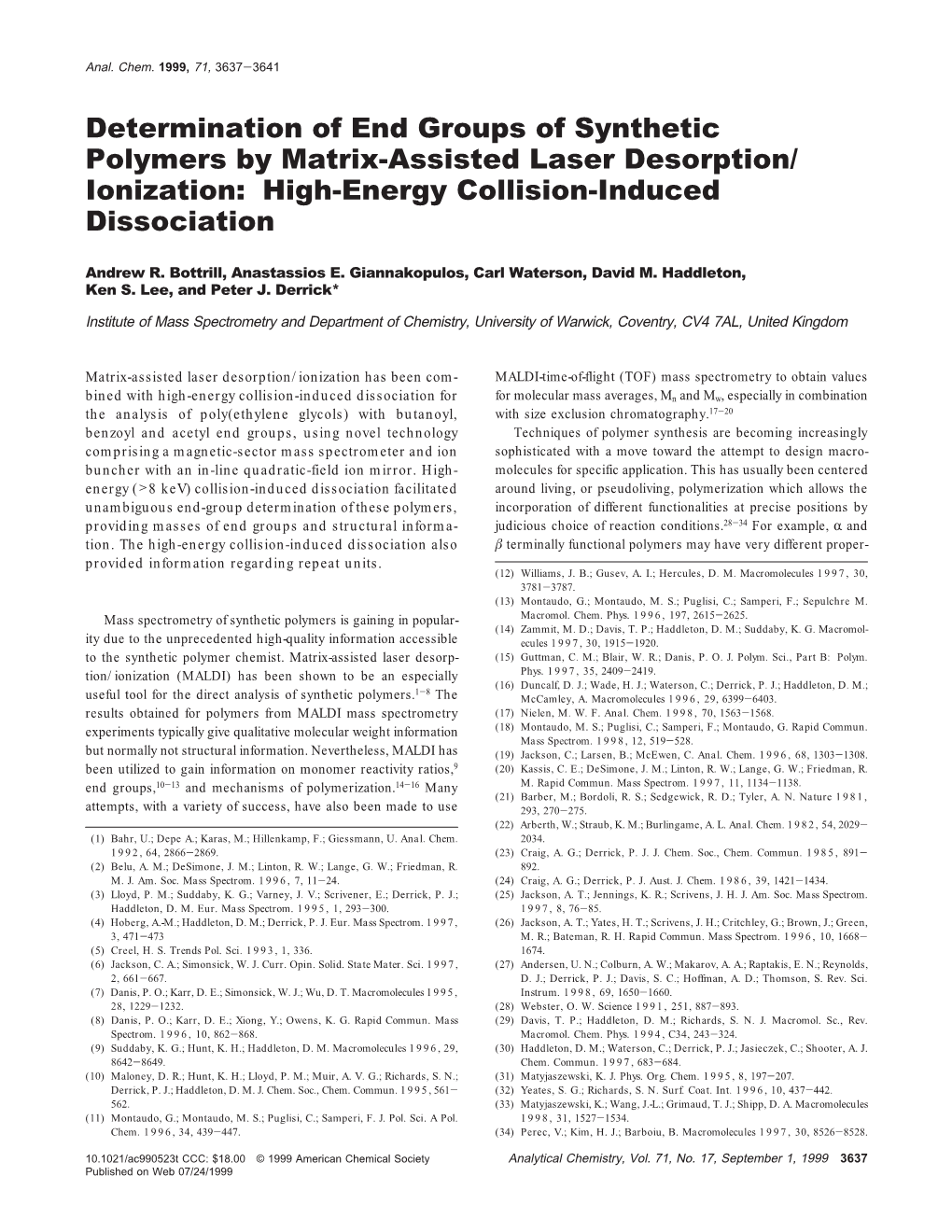 Determination of End Groups of Synthetic Polymers by Matrix-Assisted Laser Desorption/ Ionization: High-Energy Collision-Induced Dissociation