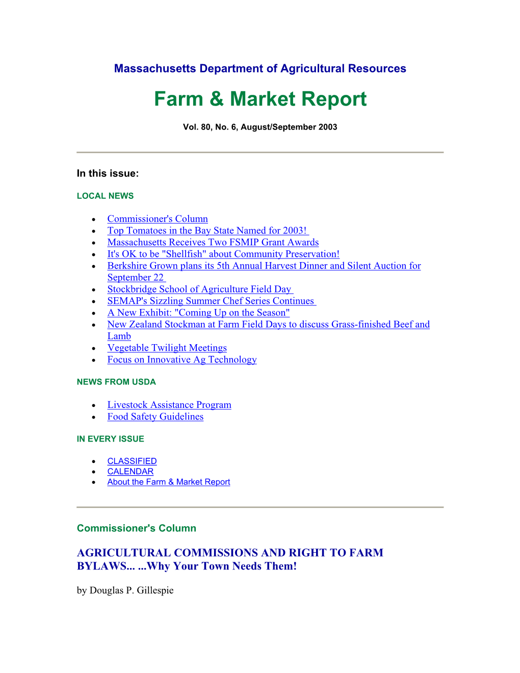 Massachusetts Department of Agricultural Resources Farm & Market Report