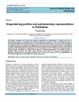Engendering Politics and Parliamentary Representation in Zimbabwe