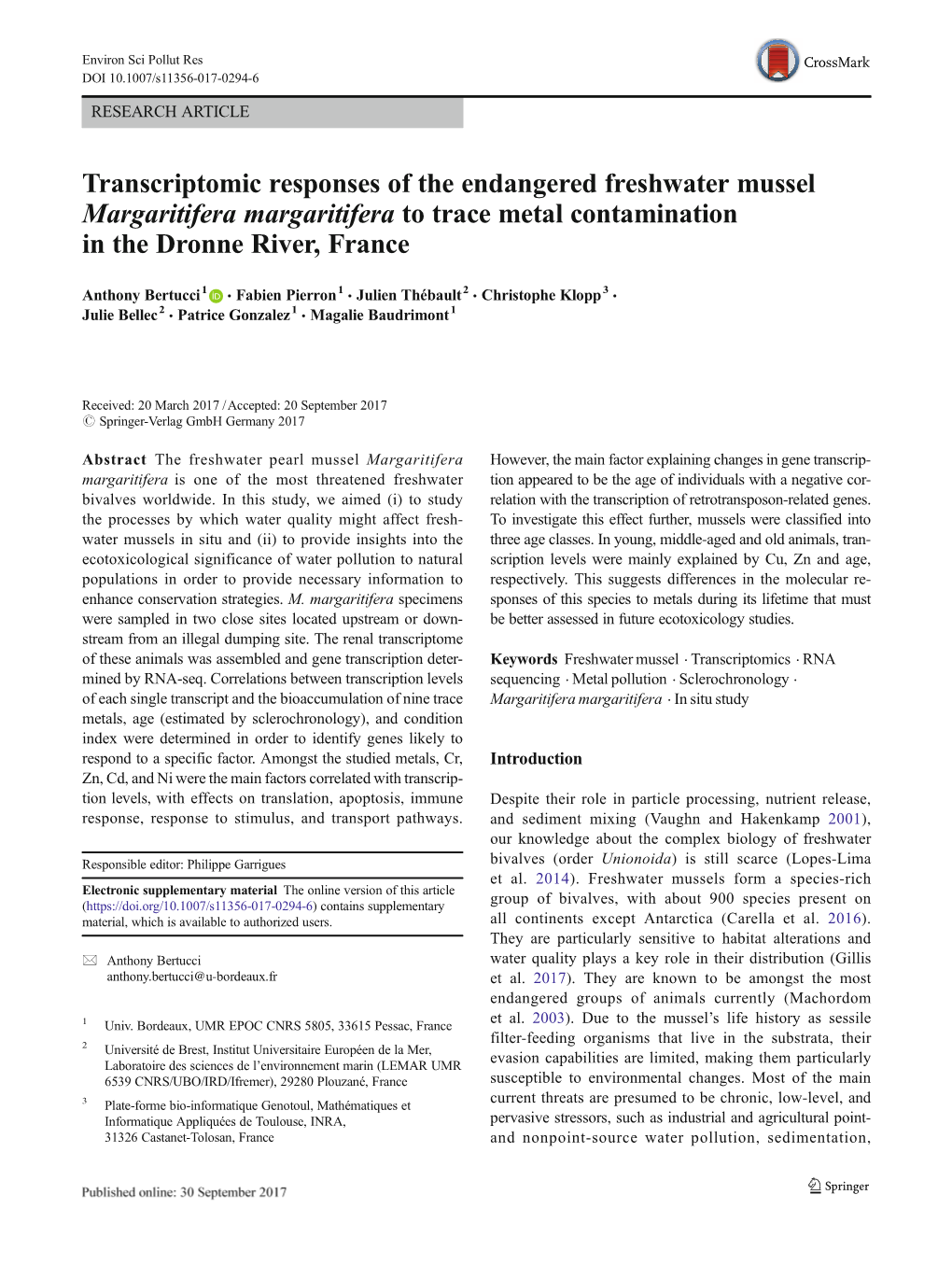 Transcriptomic Responses of the Endangered Freshwater Mussel Margaritifera Margaritifera to Trace Metal Contamination in the Dronne River, France