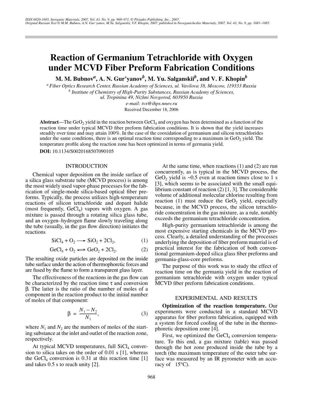 Reaction of Germanium Tetrachloride with Oxygen Under MCVD Fiber Preform Fabrication Conditions M