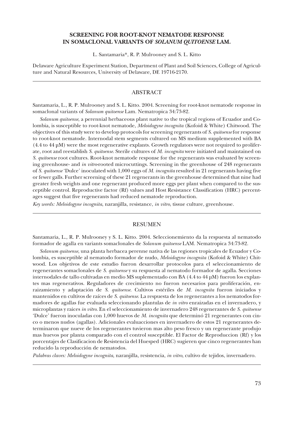 73 Screening for Root-Knot Nematode Response In