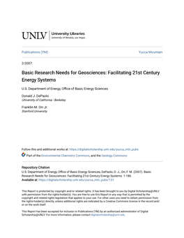 Basic Research Needs for Geosciences: Facilitating 21St Century Energy Systems