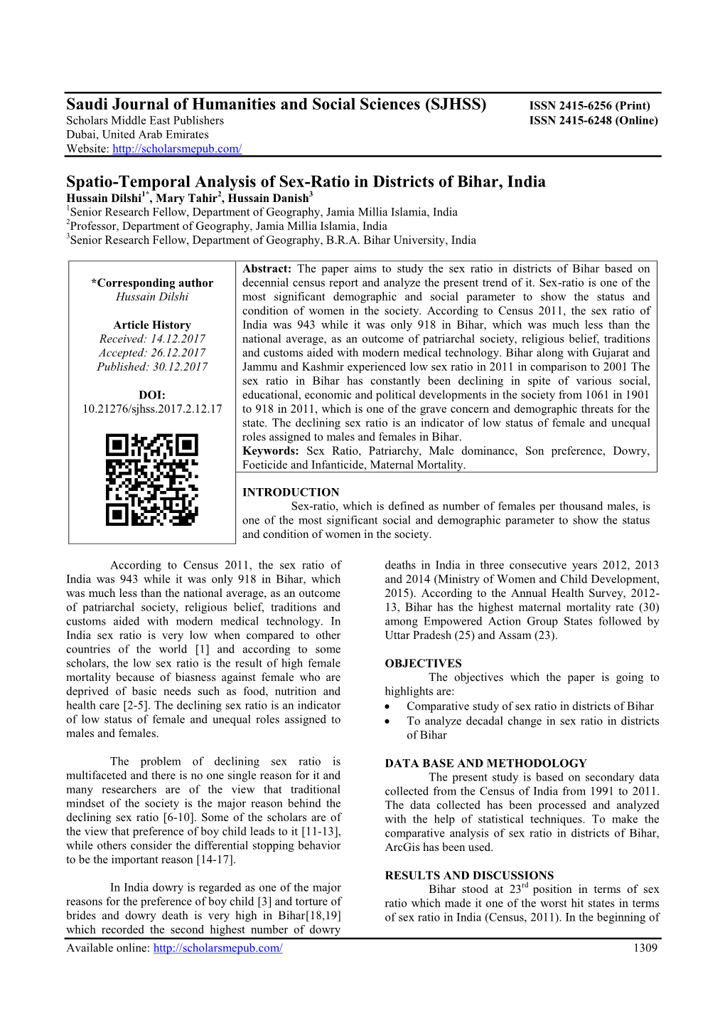 (SJHSS) Spatio-Temporal Analysis of Sex-Ratio in Districts of Bihar, India