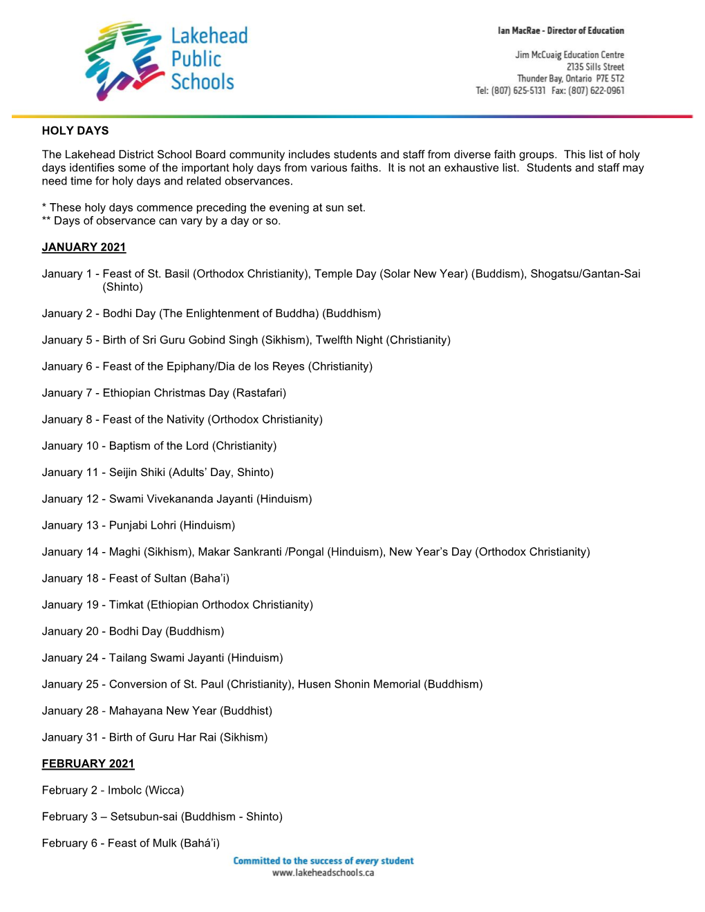 Major Holy Days Calendar