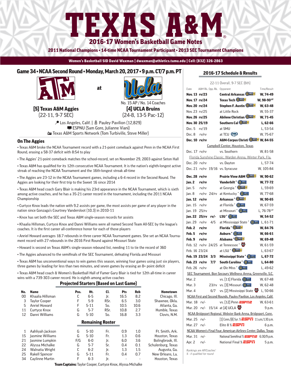 2016-17 Women's Basketball Game Notes