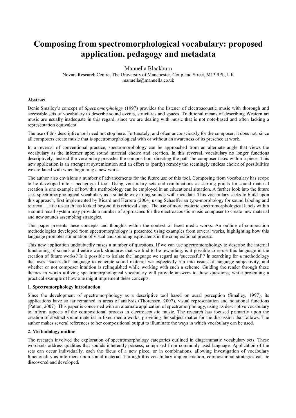 Composing from Spectromorphological Vocabulary: Proposed Application, Pedagogy and Metadata