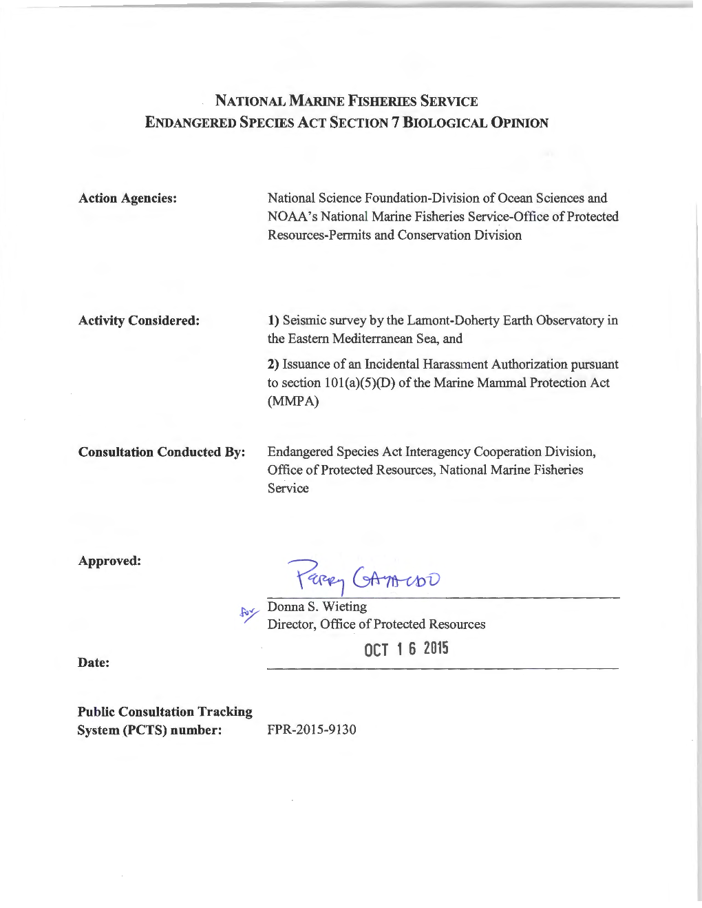 NSF Seismic Survey in the Eastern Mediterranean Sea and NMFS IHA Issuance PCTS FPR-2015-9130