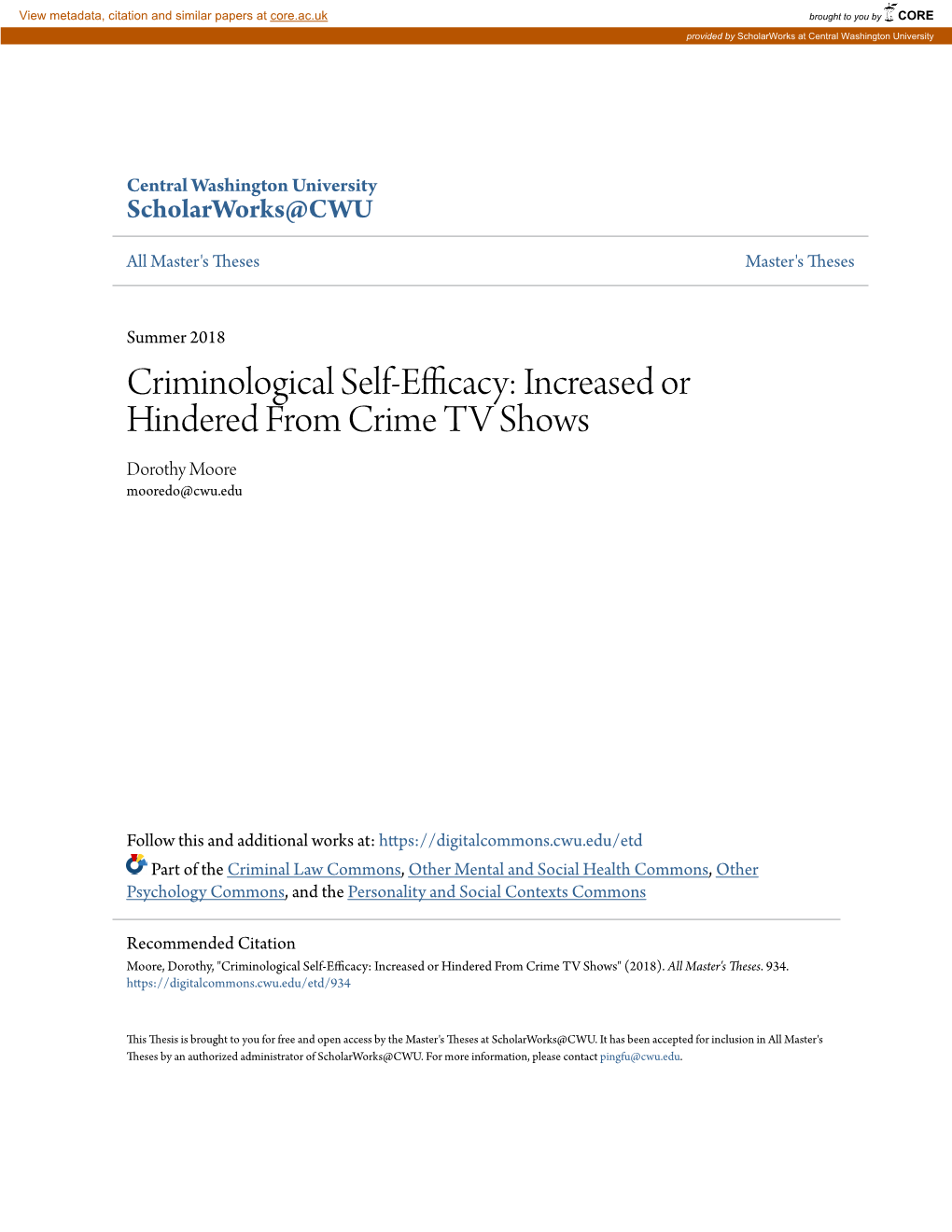 Criminological Self-Efficacy: Increased Or Hindered from Crime TV Shows Dorothy Moore Mooredo@Cwu.Edu