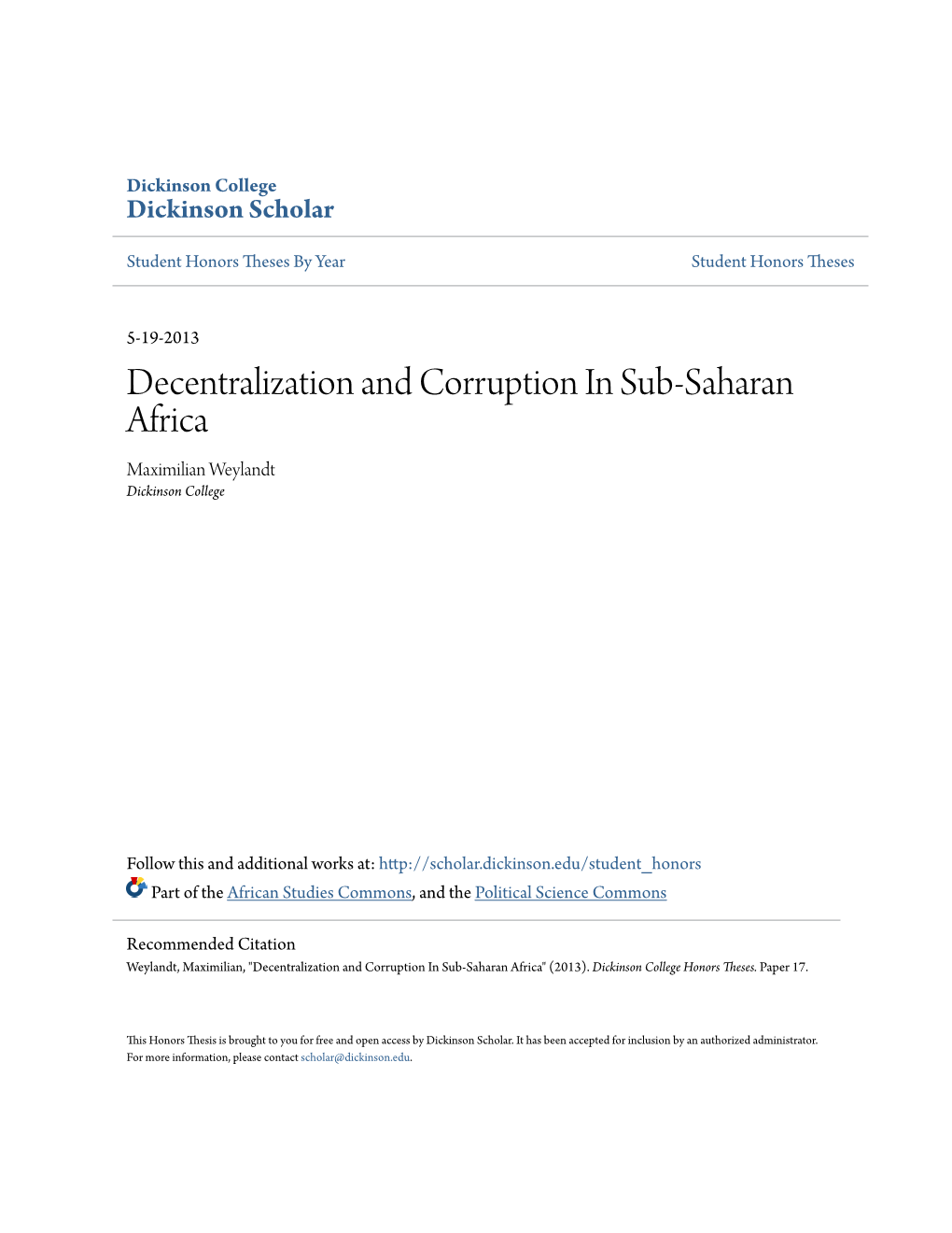 Decentralization and Corruption in Sub-Saharan Africa Maximilian Weylandt Dickinson College