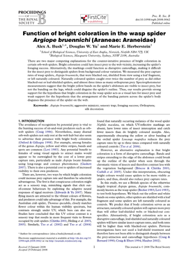 Function of Bright Coloration in the Wasp Spider Argiope Bruennichi (Araneae: Araneidae) Alex A