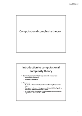 Computational Complexity Theory Introduction to Computational