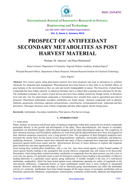 Prospect of Antifeedant Secondary Metabolites As Post Harvest Material