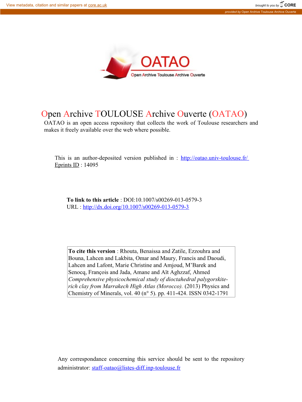 Comprehensive Physicochemical Study of Dioctahedral Palygorskite- Rich Clay from Marrakech High Atlas (Morocco)