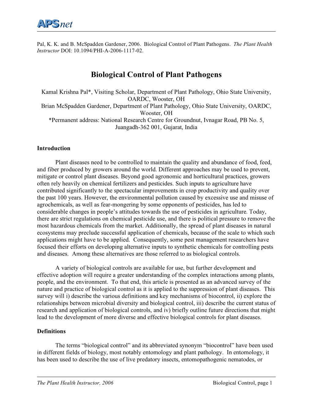(2006) Biological Control of Plant Pathogens