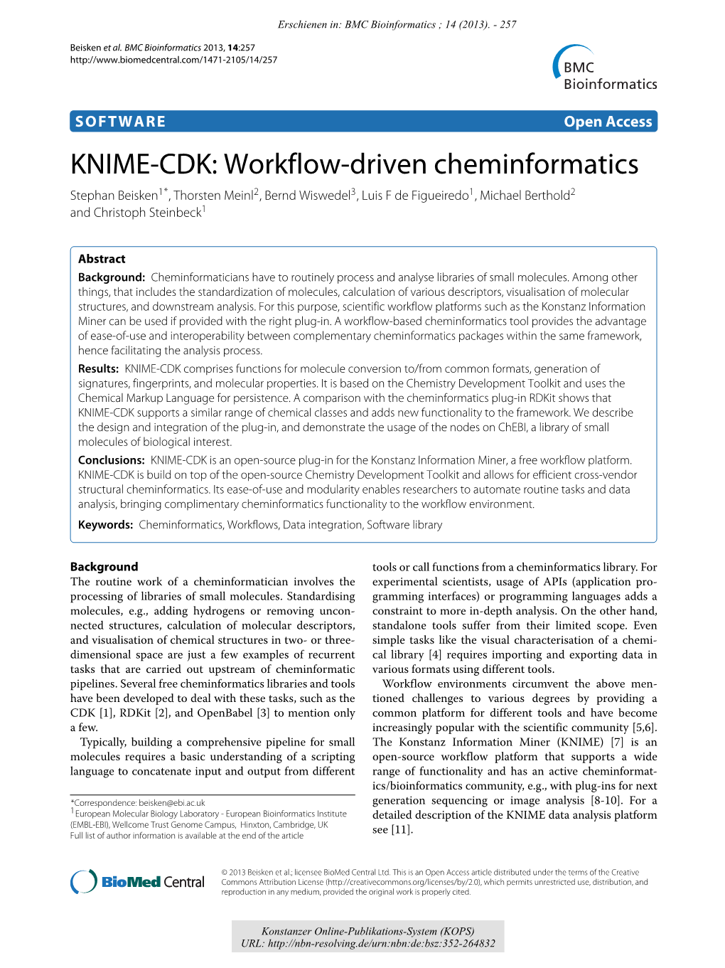 KNIME-CDK : Workflow-Driven Cheminformatics