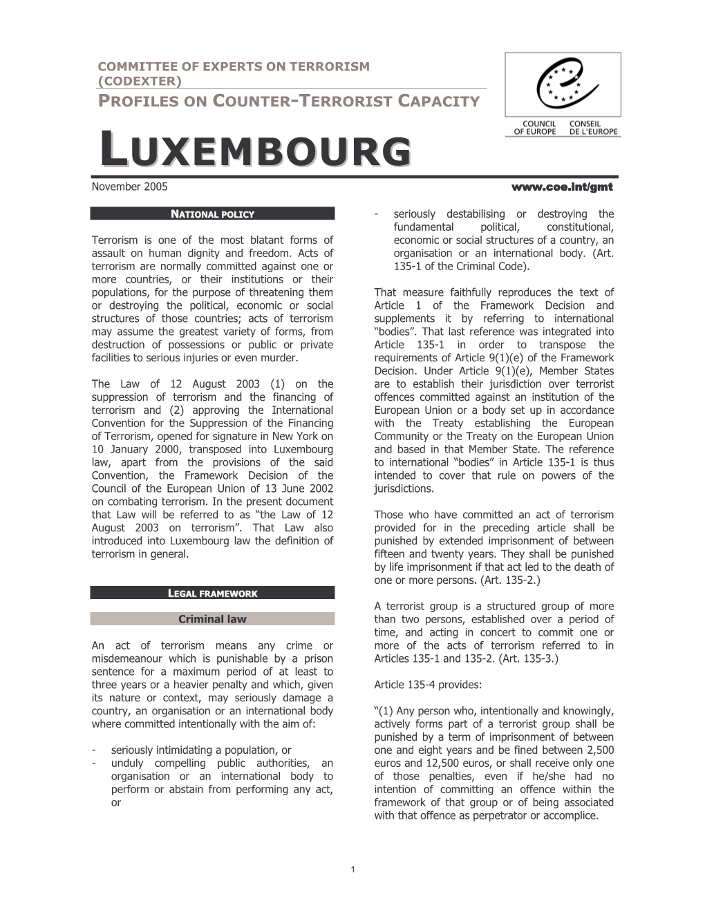 Luxembourg Profile on Counter-Terrorist