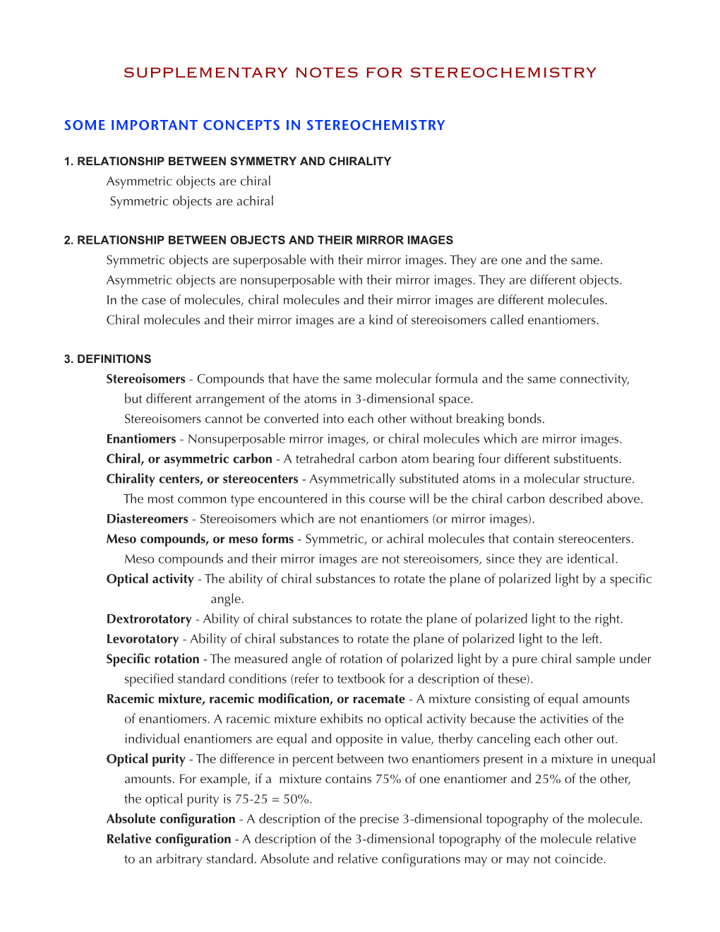 Supplementary Notes for Stereochemistry