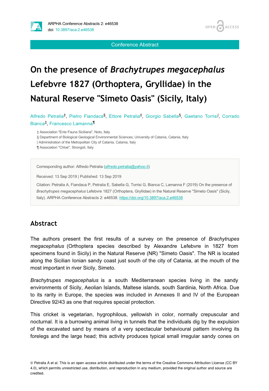 On the Presence of Brachytrupes Megacephalus Lefebvre 1827 (Orthoptera, Gryllidae) in the Natural Reserve "Simeto Oasis&Quo