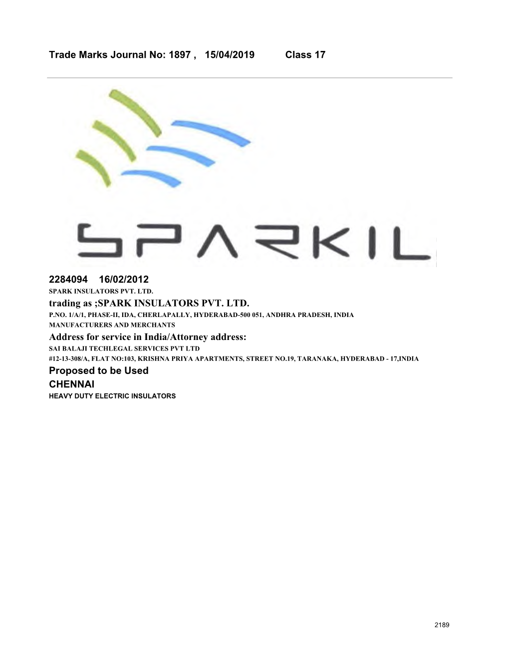 SPARK INSULATORS PVT. LTD. Address Fo