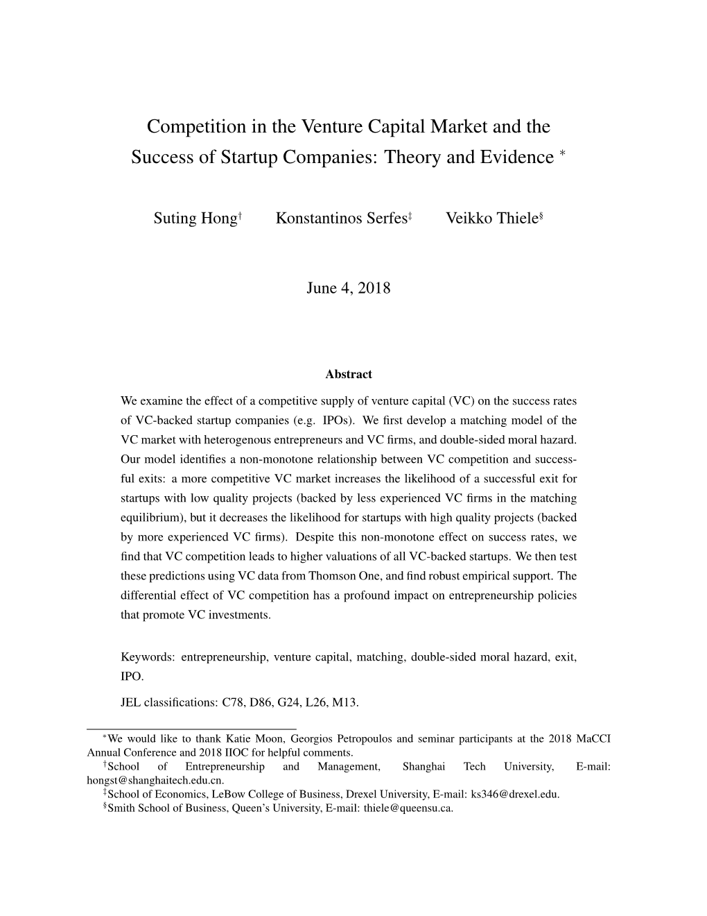 Competition in the Venture Capital Market and the Success of Startup Companies: Theory and Evidence ∗