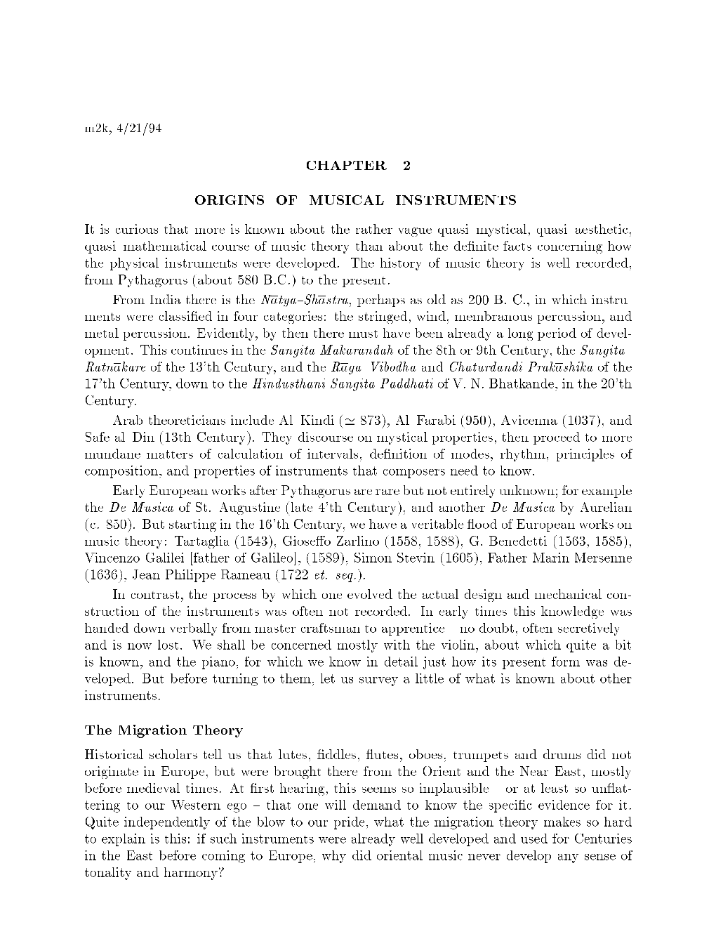 CHAPTER 2 ORIGINS of MUSICAL INSTRUMENTS the Migration Theory