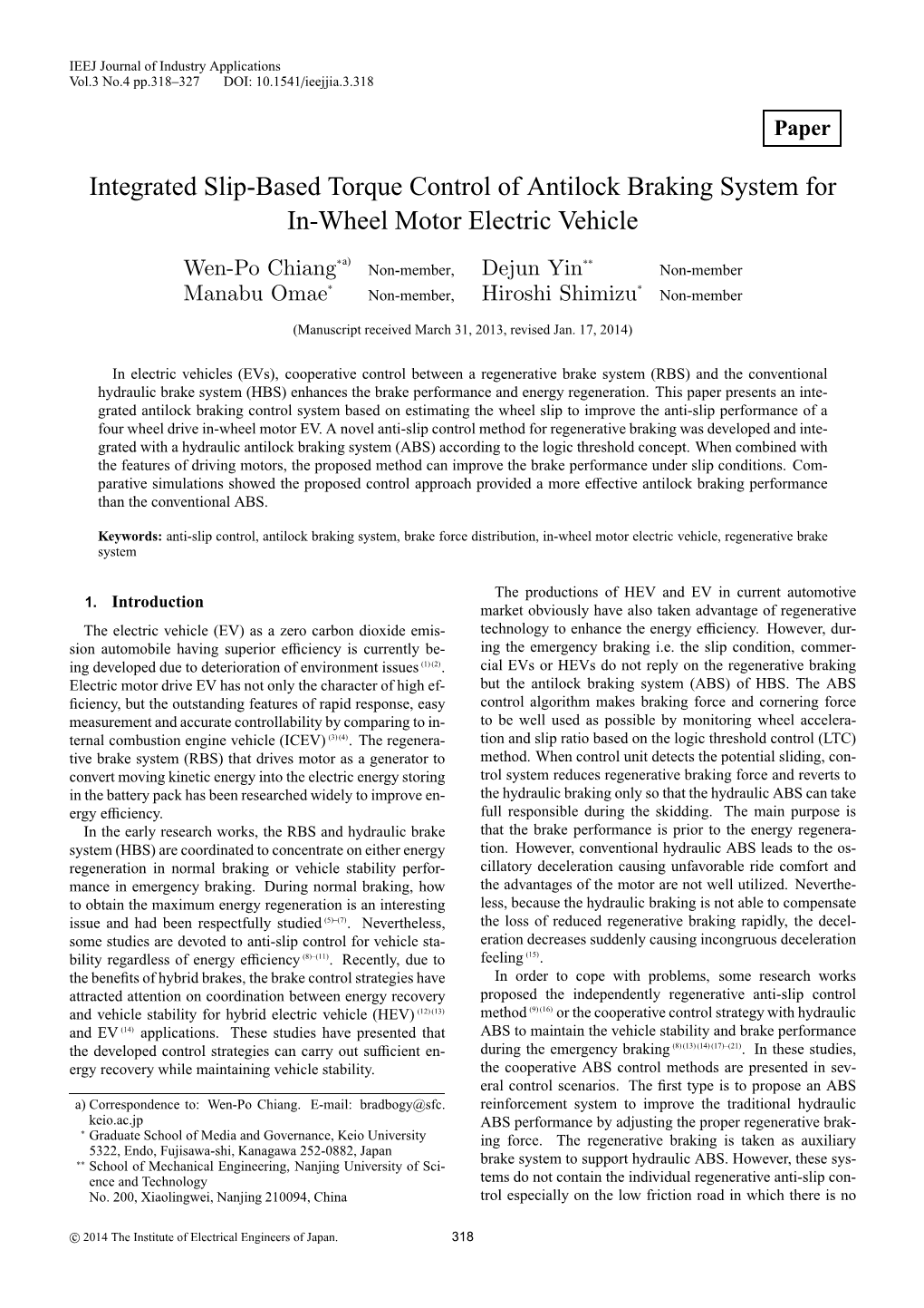 Integrated Slip-Based Torque Control of Antilock Braking System for In-Wheel Motor Electric Vehicle