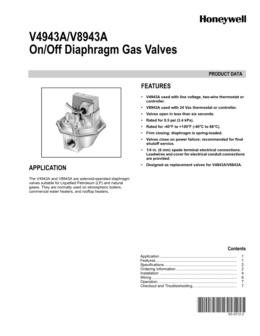 65-0212-2 V4943a/V8943a On/Off Diaphragm Gas Valves