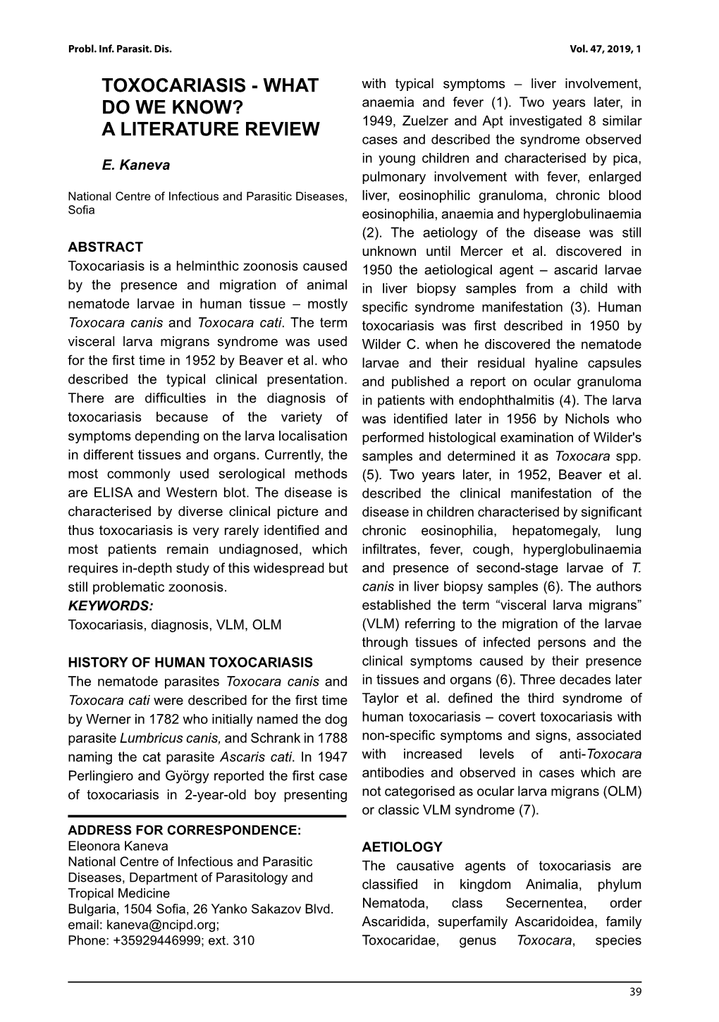 TOXOCARIASIS - WHAT with Typical Symptoms – Liver Involvement, DO WE KNOW? Anaemia and Fever (1)