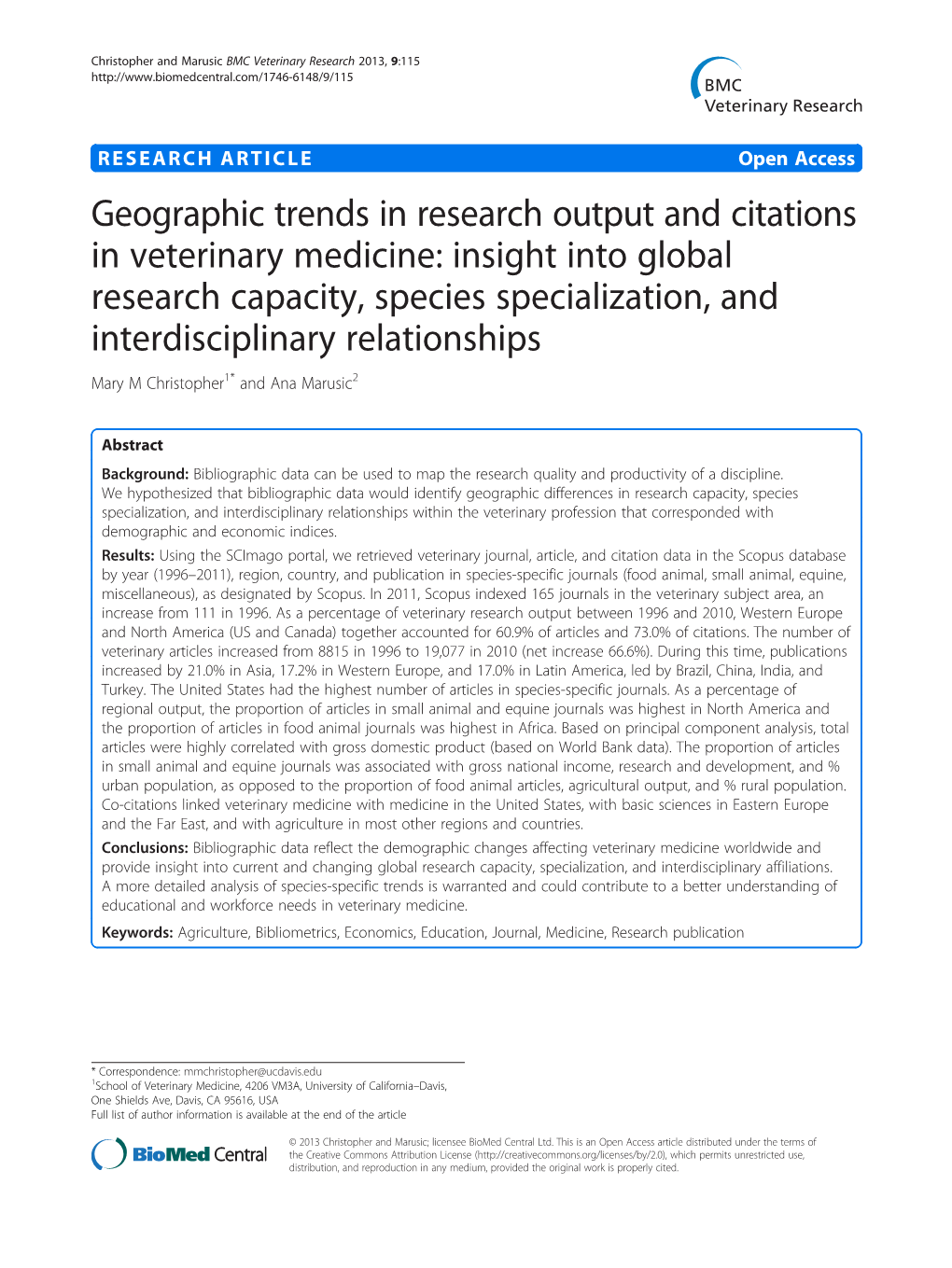 Geographic Trends in Research Output and Citations in Veterinary Medicine