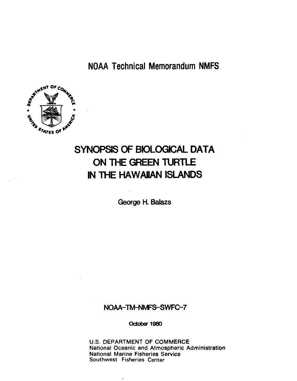 Synopsis of Bdlogcal Data on the Green Turtle in the Hawaiian Nds