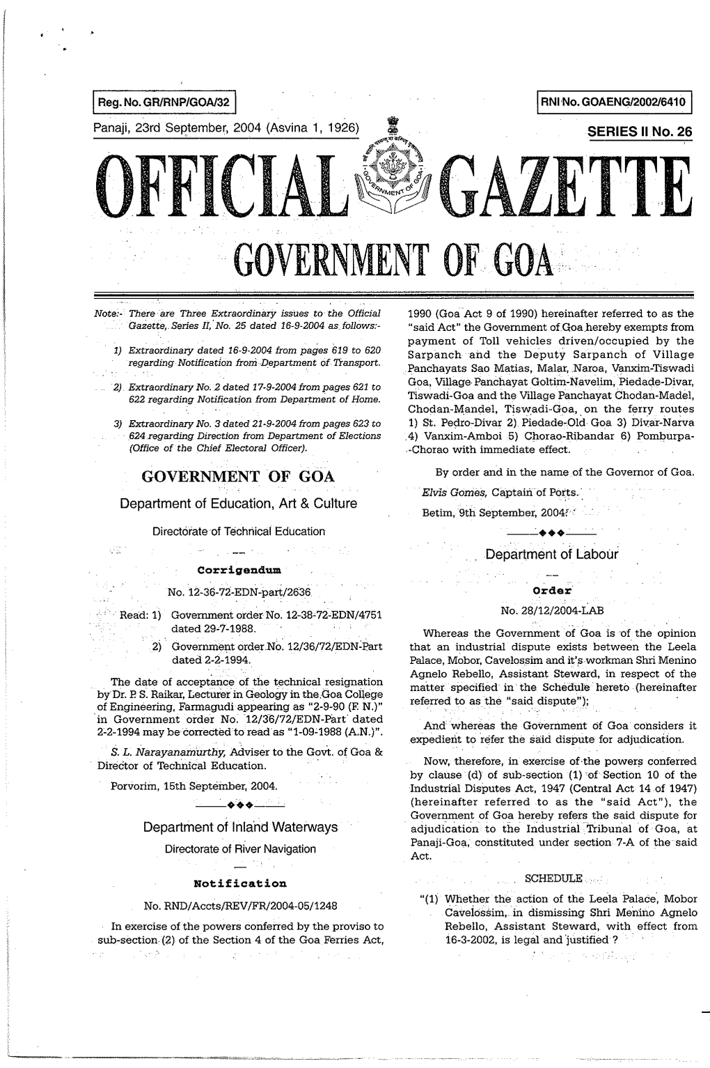 OFFICIAL~Jlgazette GOVERNMENT of GOA