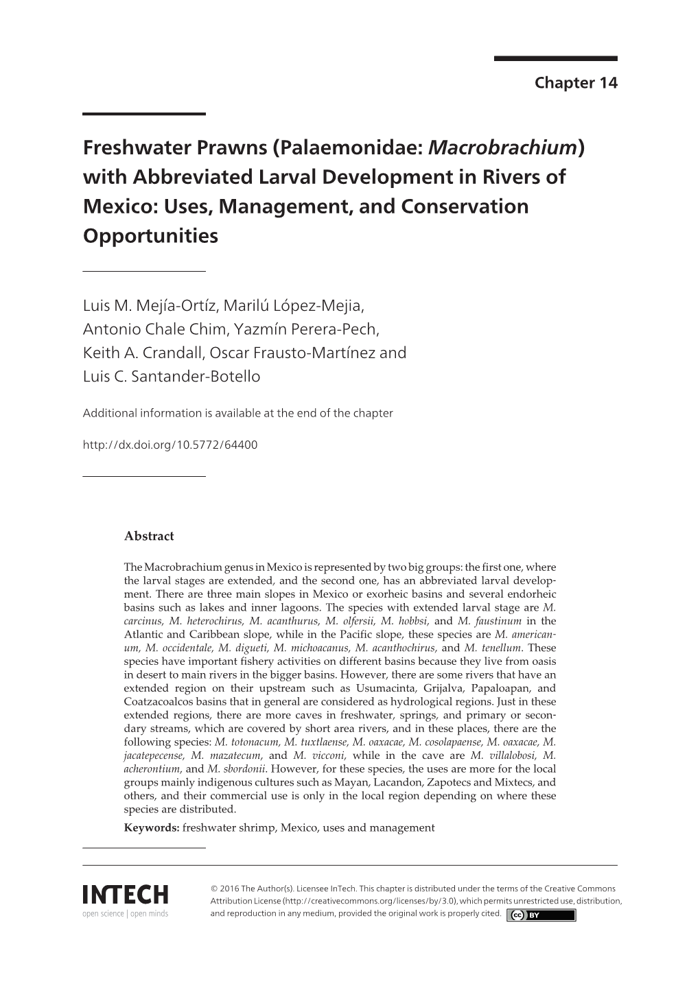 Freshwater Prawns (Palaemonidae: Macrobrachium) with Abbreviated Larval Development in Rivers of Mexico: Uses, Management, and Conservation Opportunities