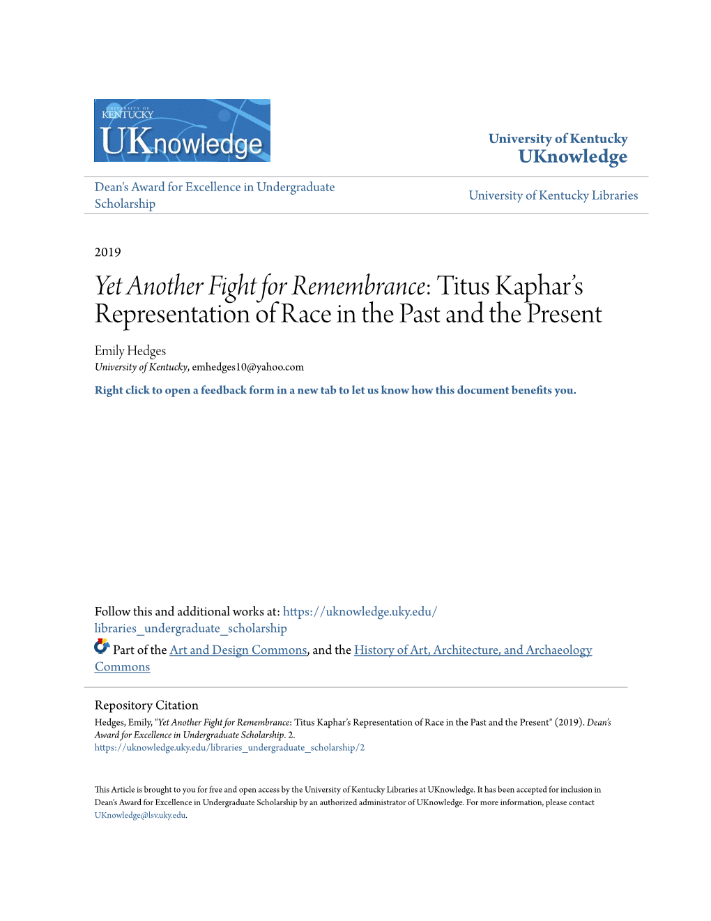 Yet Another Fight for Remembrance: Titus Kaphar's Representation Of
