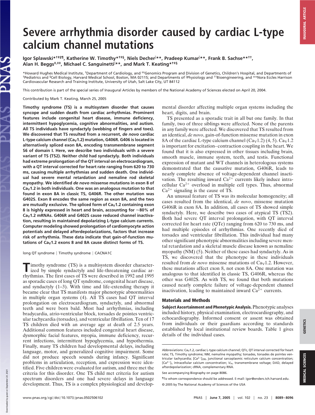 Severe Arrhythmia Disorder Caused by Cardiac L-Type Calcium Channel