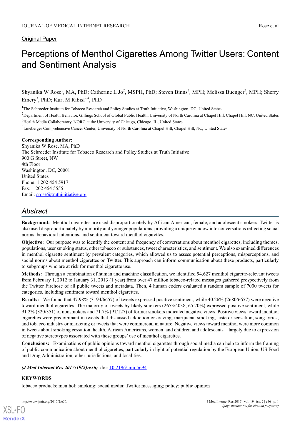 Perceptions of Menthol Cigarettes Among Twitter Users: Content and Sentiment Analysis