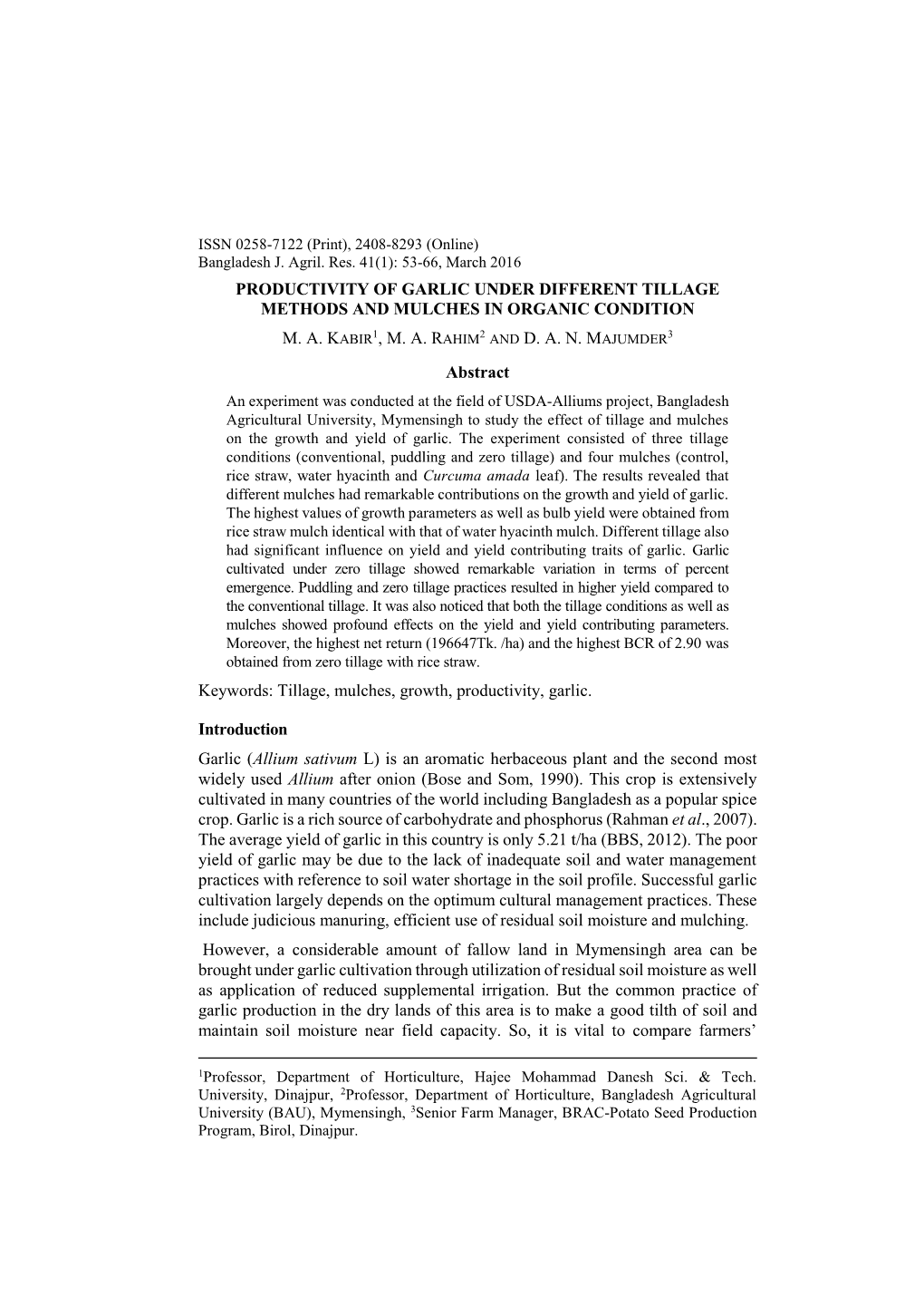 Productivity of Garlic Under Different Tillage Methods and Mulches in Organic Condition M