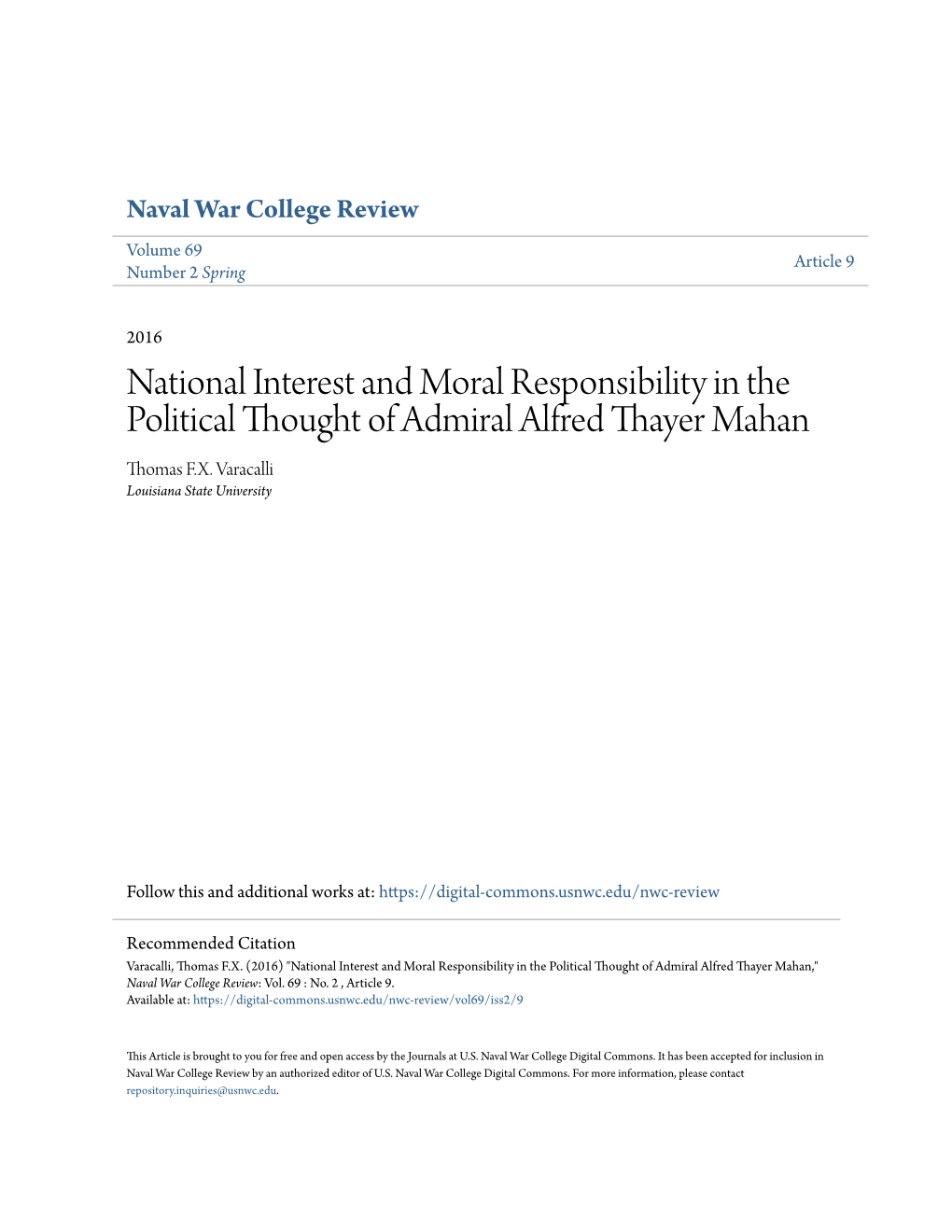 National Interest and Moral Responsibility in the Political Thought of Admiral Alfred Thayer Mahan Thomas F.X