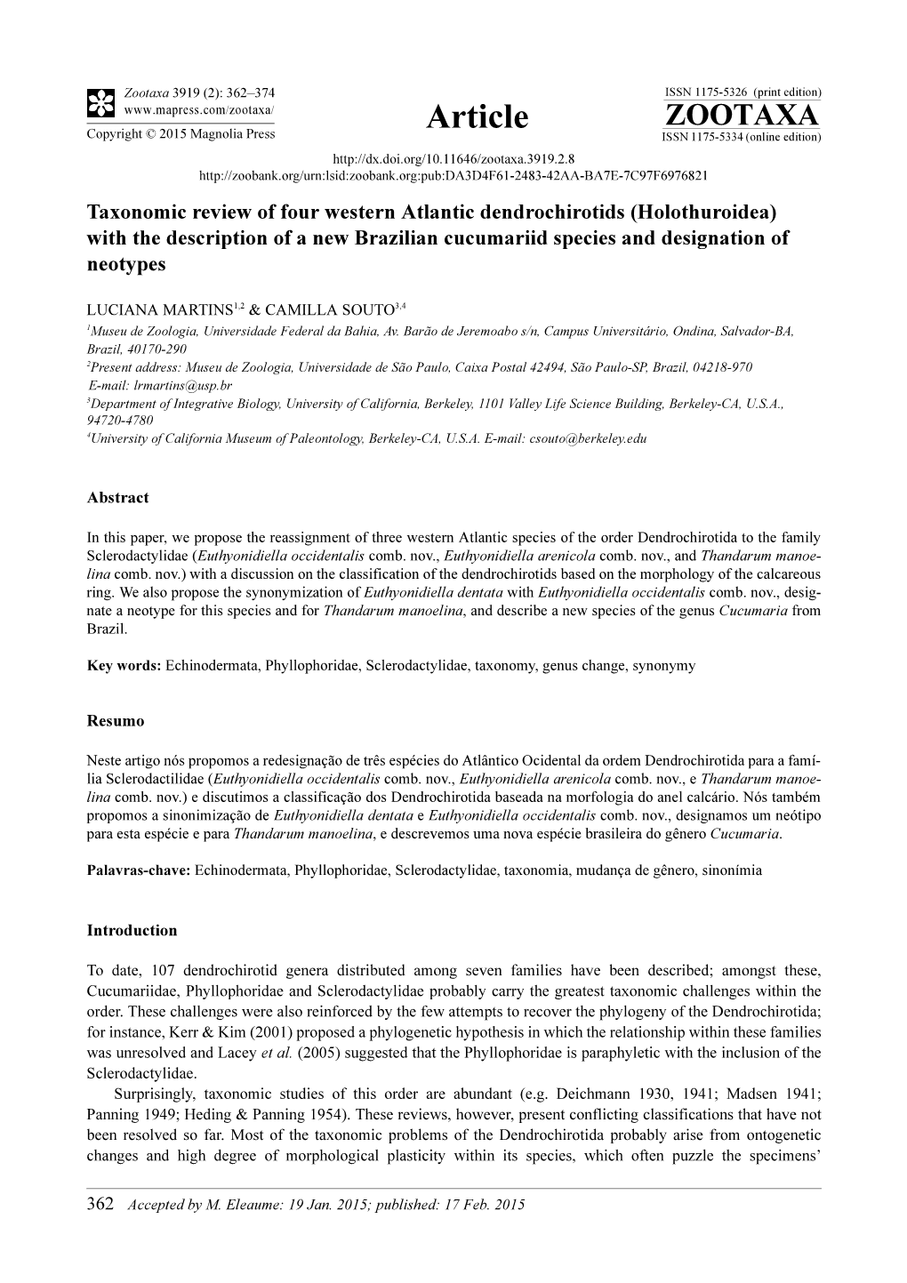 Holothuroidea) with the Description of a New Brazilian Cucumariid Species and Designation of Neotypes