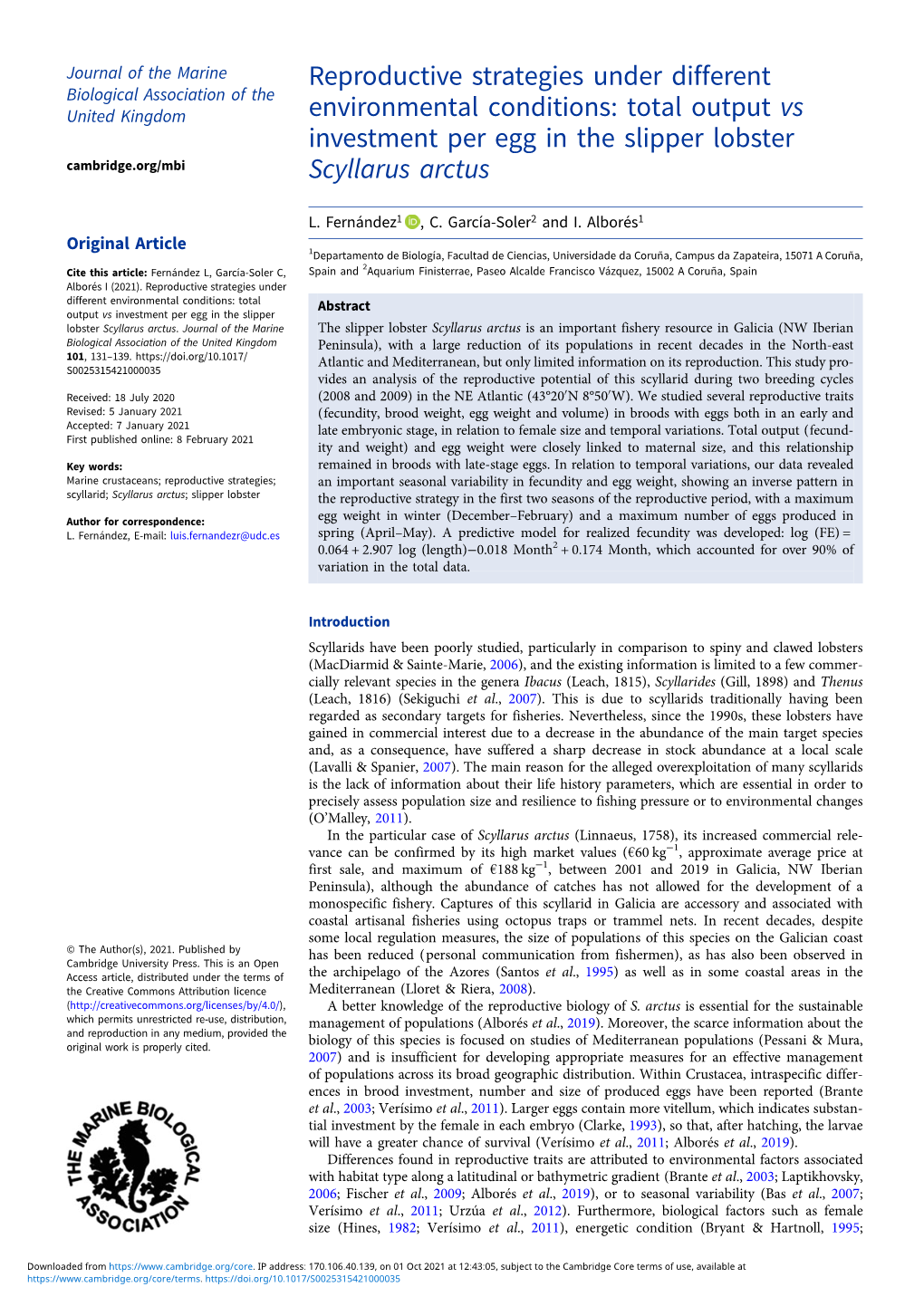 Total Output Vs Investment Per Egg in the Slipper Lobster Scyllarus Arctus