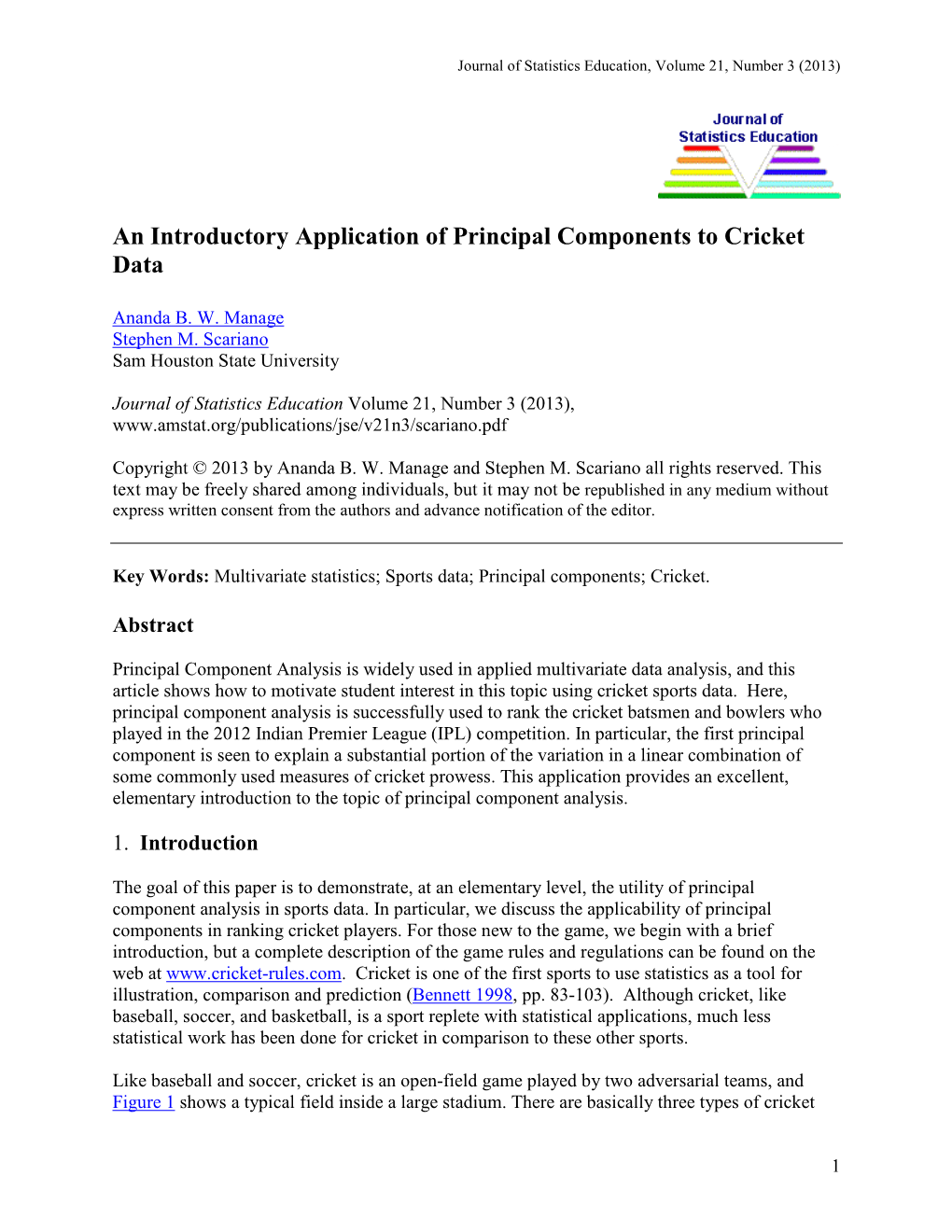 An Introductory Application of Principal Components to Cricket Data