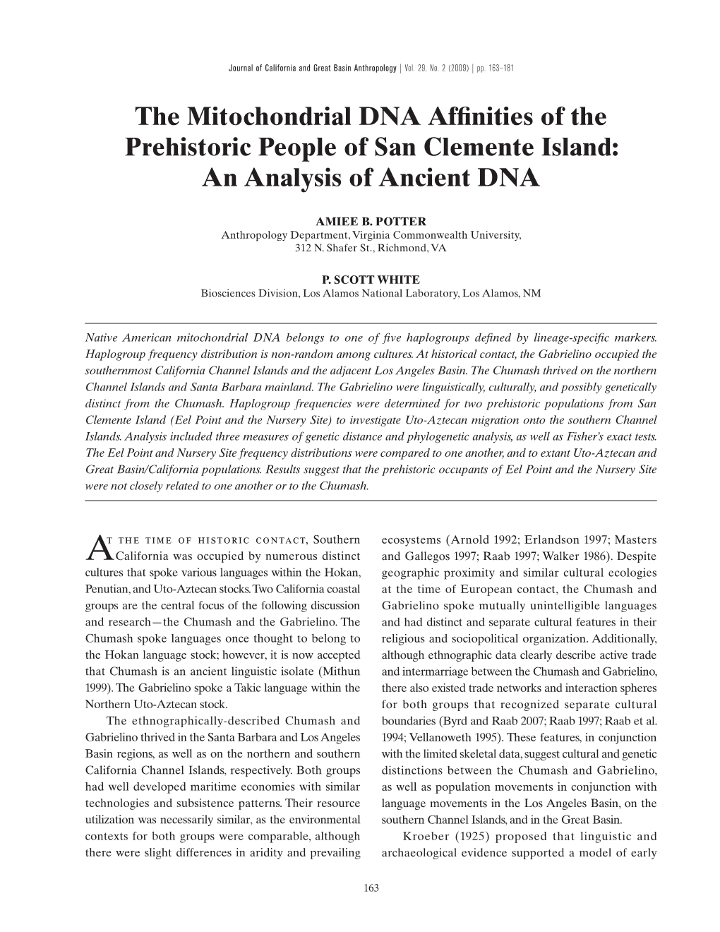 The Mitochondrial DNA Affinities of the Prehistoric People of San Clemente Island: an Analysis of Ancient DNA