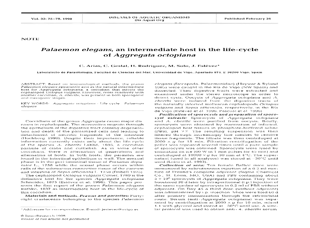 Palaemon Elegans, an Intermediate Host in the Life-Cycle of Aggregata Octopiana