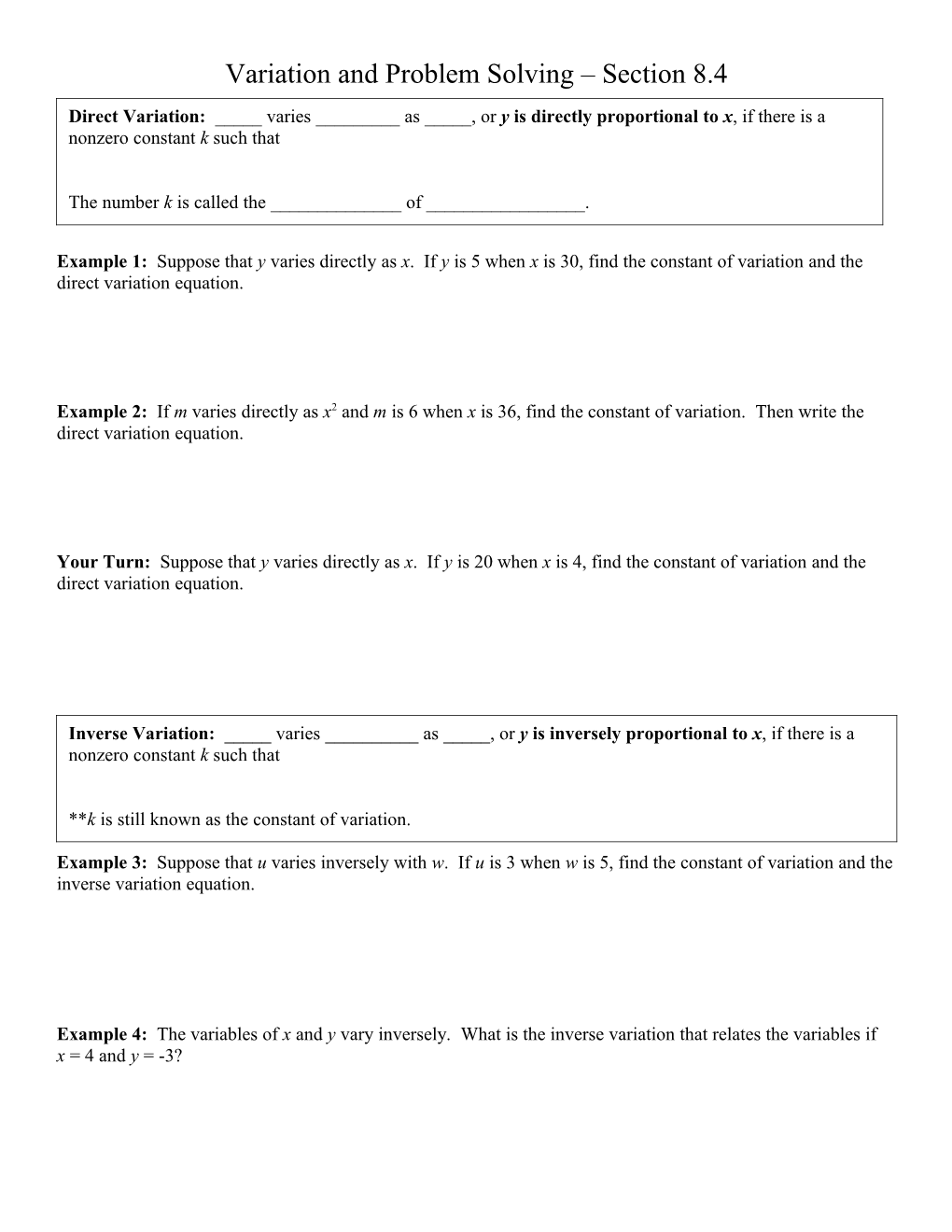 Variation and Problem Solving Section 8